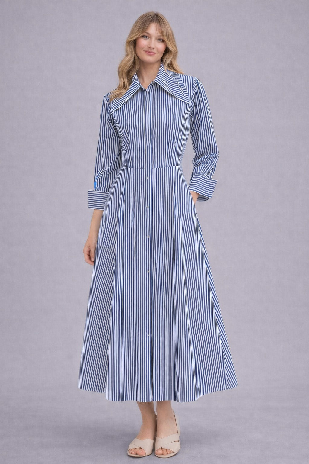 Purssian Stripes Midi Dress